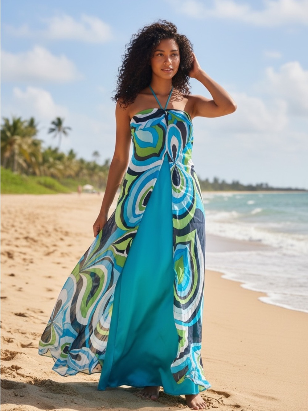 Vintage Shelli Segal Vibrant Oceanic Teal & Multicolor Halter Maxi Dress - 8
